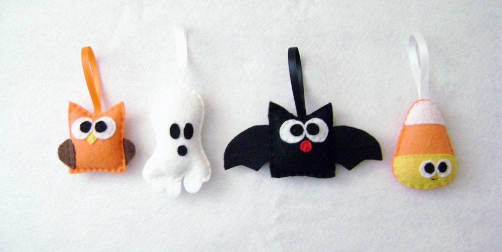 Felt Halloween Ornaments - Spooky Set - Candy Corn Bat Owl Ghost