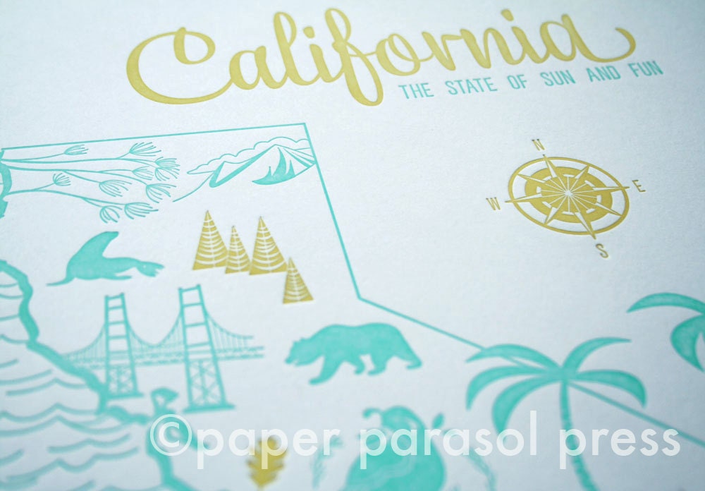 11x14 Letterpress Print California Vintage Travel Inspired