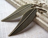 Golden Feather Earrings, Brass feather Charms on Antique Brass Leverbacks