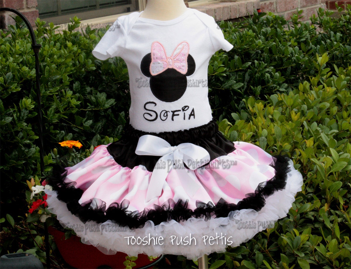 8 - 10 inch Pettiskirt Boutique Pink Minnie Mouse Inspired Pettiskirt and Appliqued Top or Onesie  Size 12 months-2 yr