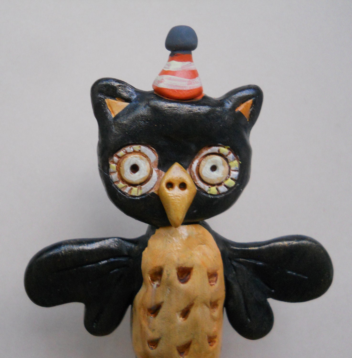 Small Black Halloween Owl with party hat clay folk art