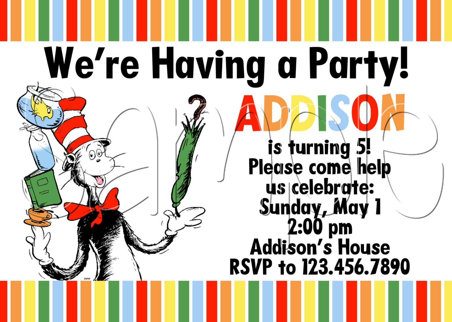 Custom Printable Dr Seuss Cat in the Hat Birthday Party Invitation