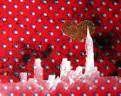 Hand Painted Upcycled Fabric with NYC Skyline and Gold Glitter Heart 8x10