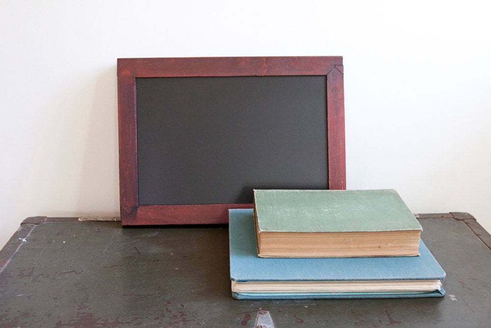 Framed chalkboard, antique wood frame, salvaged wood, industrial red frame