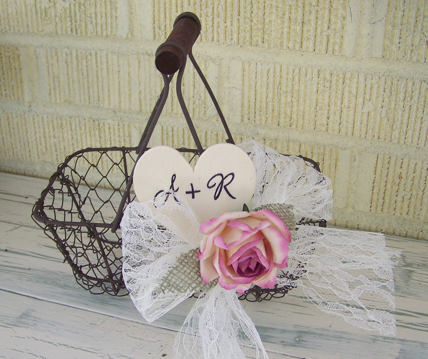 Rustic Flower Girl's Wire Basket with Paper Rose and Wooden Monogram Heart