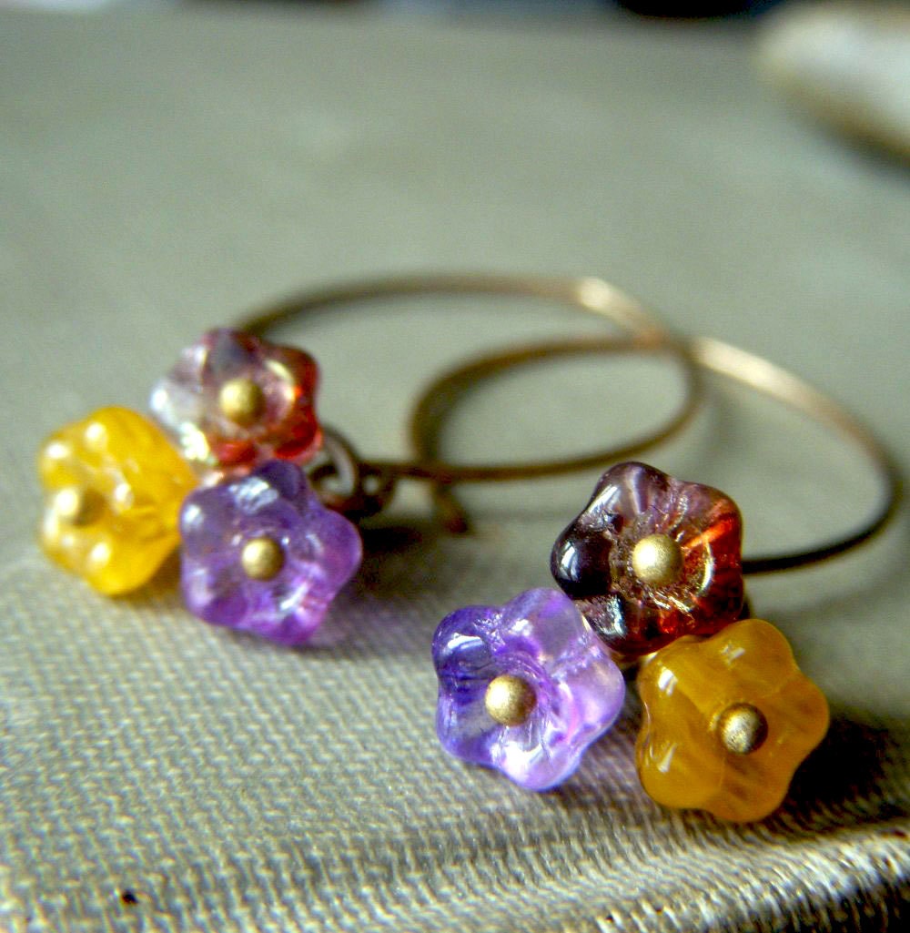 Floral Cluster Earrings on Brass . Lavender and Yellow Glass Flower Dangle Bohemian . Bouquet