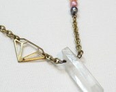 Natural Beauty. Crystal Quartz Spike, Brass Diamond and Freshwater Pearl Boho Necklace