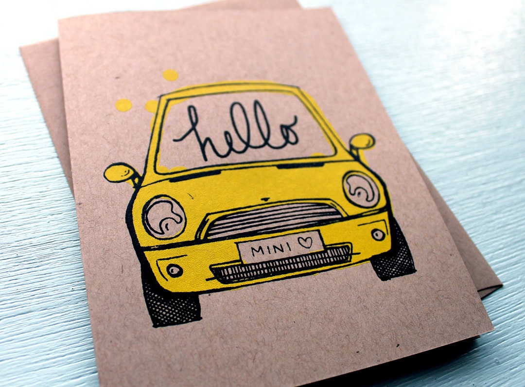 Hello MINI Cooper Card. Hand Screen Printed in Yellow.