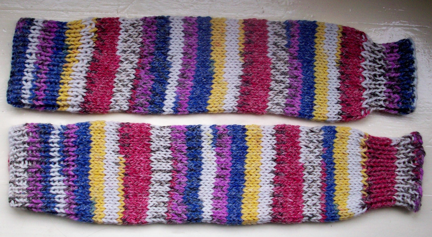 Chunky warm leg warmers multi striped Fair Isle effect knit wool cotton mix