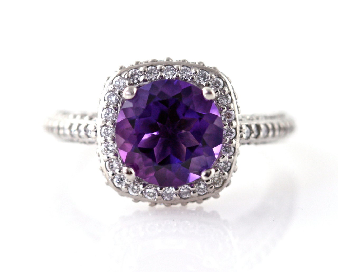 14K Amethyst Ring Diamond Halo Engagement Ring 14K 18K White Yellow Rose Gold Platinum Bridal Jewelry February Birthstone