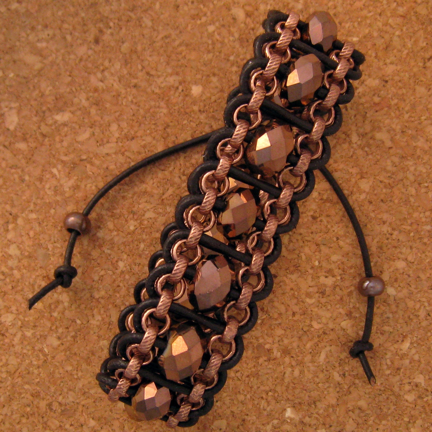 Leather and Crystal Cuff Bracelet, Chain Bracelet, Leather Wrap Bracelet, Beaded Bracelet