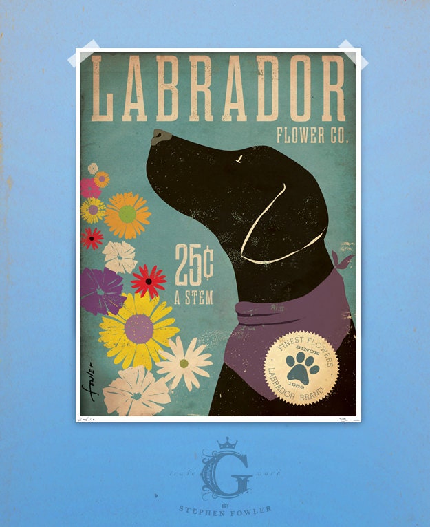 Black Dog Labrador retriever flower company original graphic illustration 12 x 16 giclee archival signed artists print