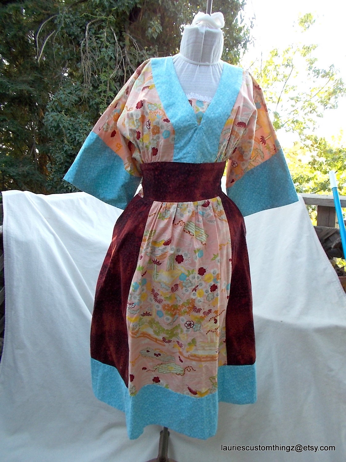 Homemade 70s Dress Handmade by Grandma Very Cute Kimono Style Bodice and Sleeve sz small 34 bust all cotton with Sash Tie at Waist NeverWorn