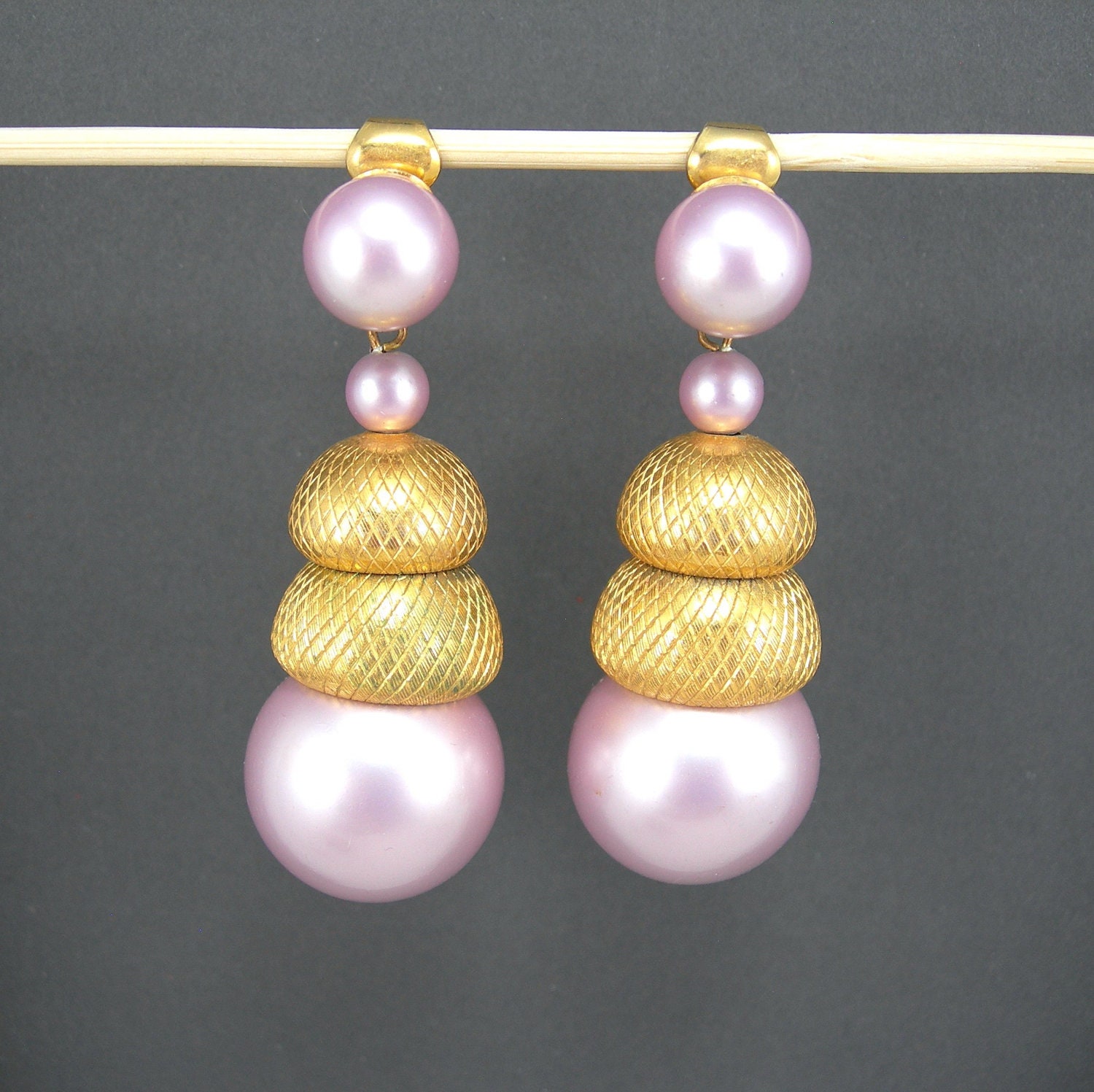 Vintage Clip Back Earrings Pale Lilac Faux Pearls Drops Dangles Large Chunky 1970-80s Costume Jewelry Statement Makers