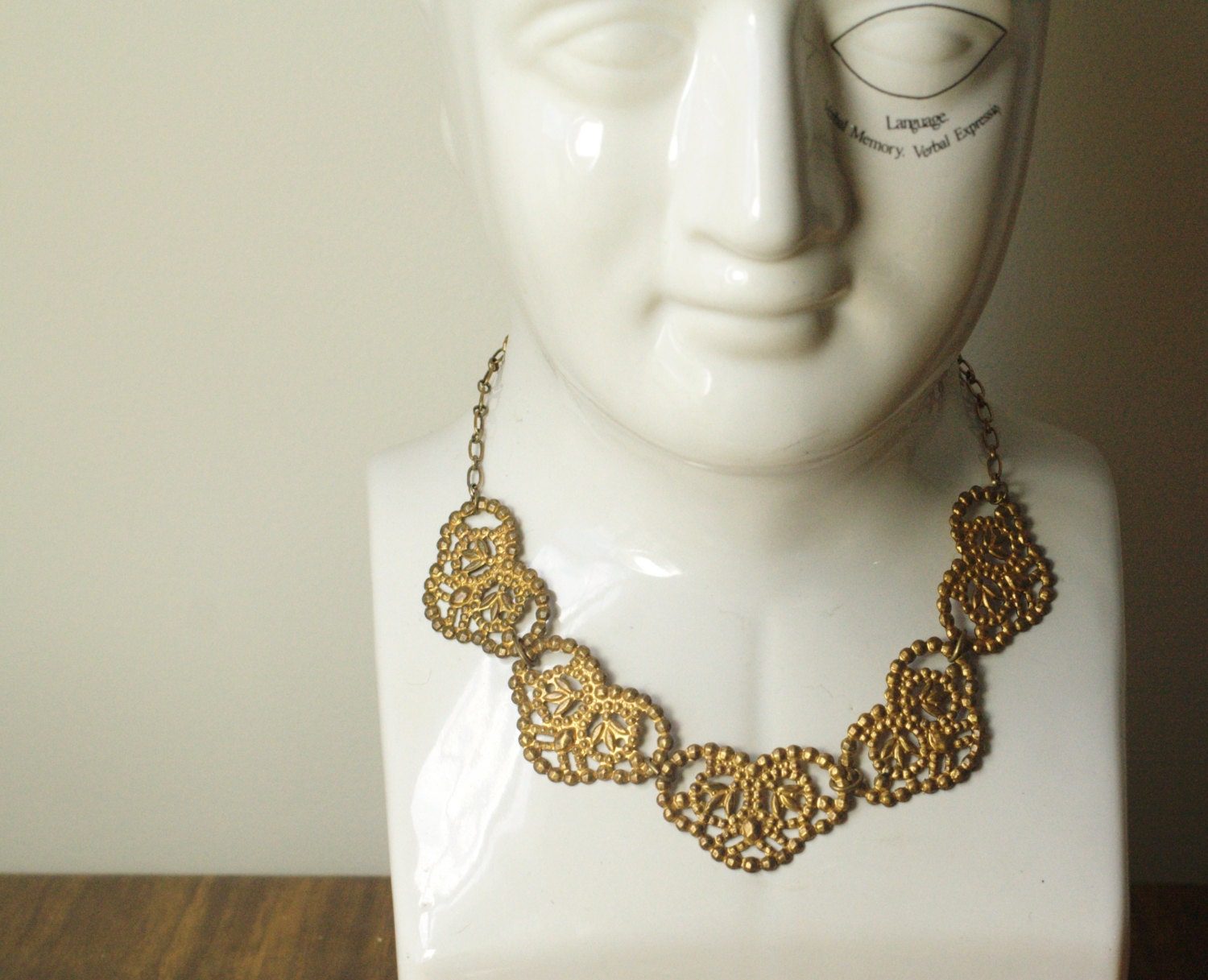 Brass vintage filigree collar statement necklace scalloped