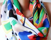 Infinity Scarf Loop Scarf Circle Scarf Cowl Scarf  Rainbow Colors circle geometric design handmade from Fabric linen