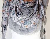Grey Scarf, Cotton Scarf, Butterfly Scarf from %100 cotton with flora design and rose