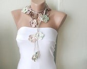 SALE - Flower Scarf AUTUMN SALE Handmade Crochet Colorful Pastel Tones cream, green, brown Bamboo Flower Lariat, Scarf, Necklace