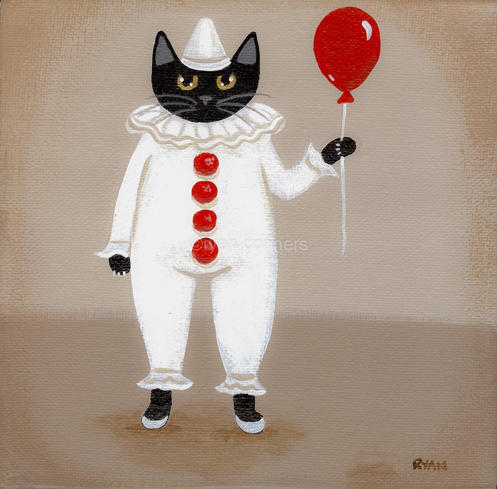 Halloween Clown Costume Cat Original Folk Art Painting