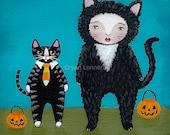 Halloween Girl and Cat Original Folk Art Painting