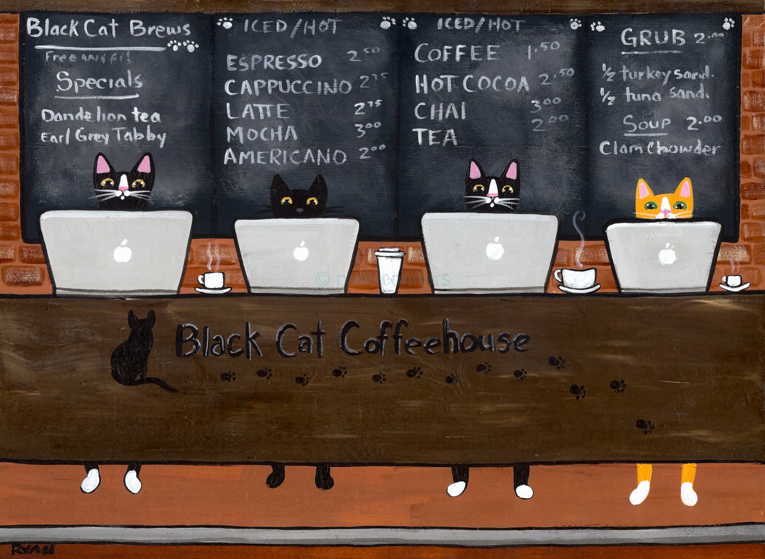 Black Cat Coffeehouse Original Cat Folk Art Painting