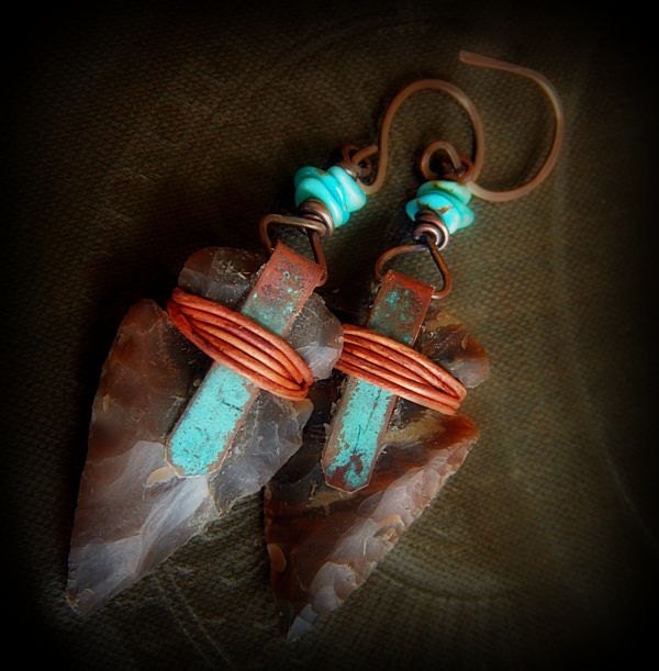 Arrow Head Stone and Leather Copper Beaded Earrings