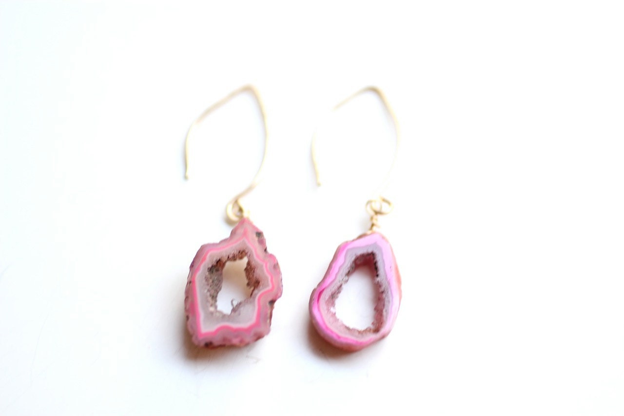 Raw Stone Pink Druzy Slice Earrings - 14K Gold Filled Wire