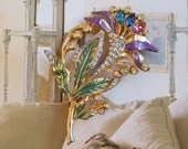Large Vintage Lily Flower Brooch, Pin ... Multicolored Rhinestones, Enamel painted ... 1940's ... SALE