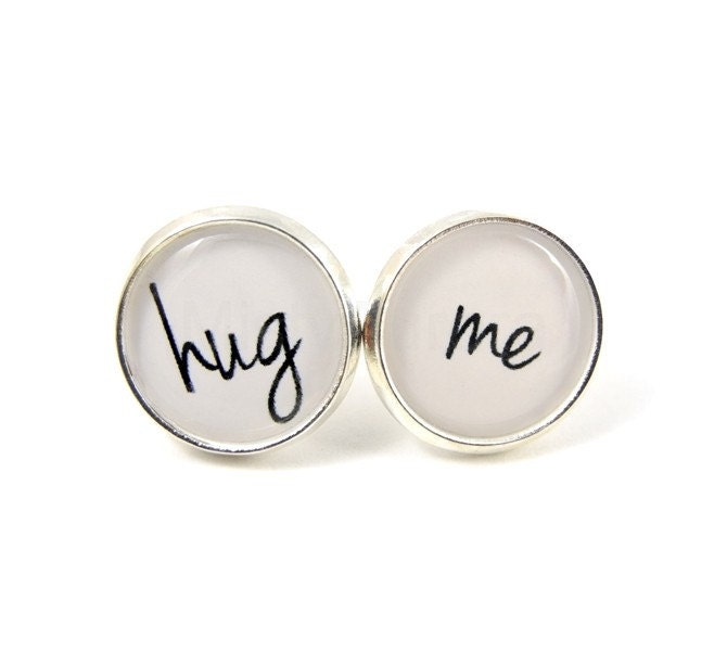 Hug Me Earring Studs - Black White Silver Posts - Love Jewelry -  Love Message - Free Shipping Etsy - MistyAurora