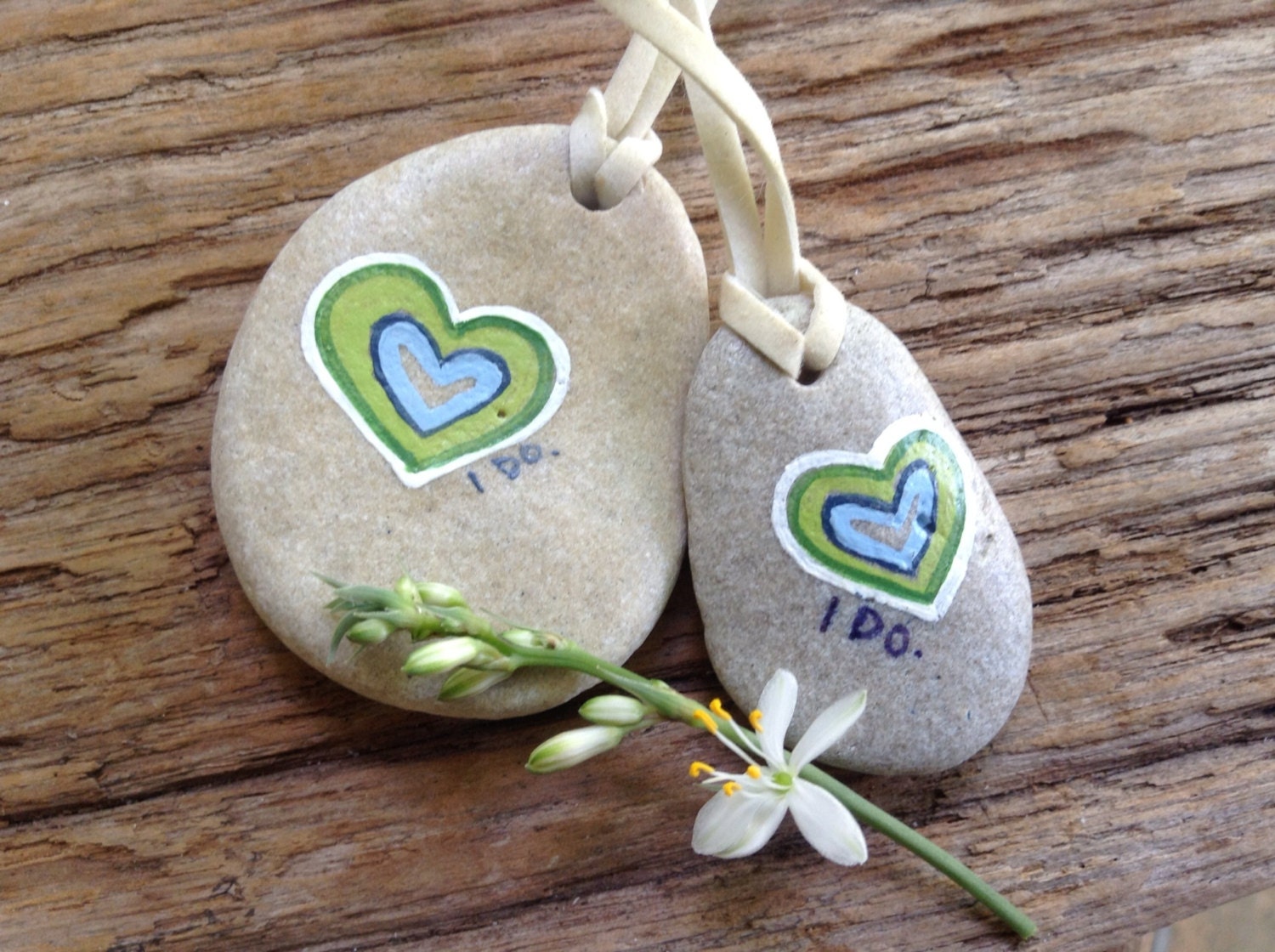I DO...his and hers stone pendants - Eco friendly wedding supplies - bride and groom necklaces - green hearts - hand painted - jewelry