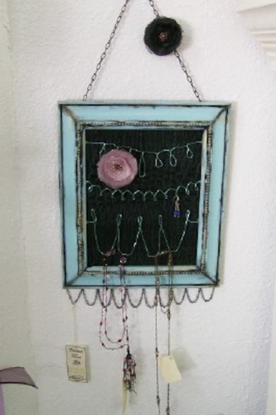 Hand Made Vintage Frame Jewelry Organizer in Spa Blue & Black