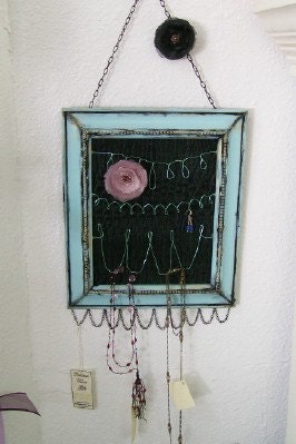 Hand Made Vintage Frame Jewelry Organizer in Spa Blue & Black