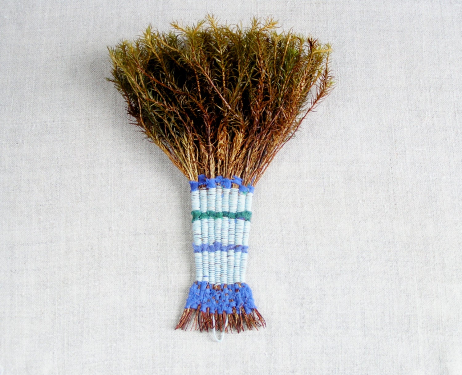 rustic wall decor - whisk broom  - nature eco decor striped in blue green - Birribe