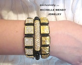 Super Sale .. Trendy Set  3 BRACELETS  Macrame SHAMBALLA  and STRETCH   Black Gold Pave Rhinestones Boho Jewelry Holiday New
