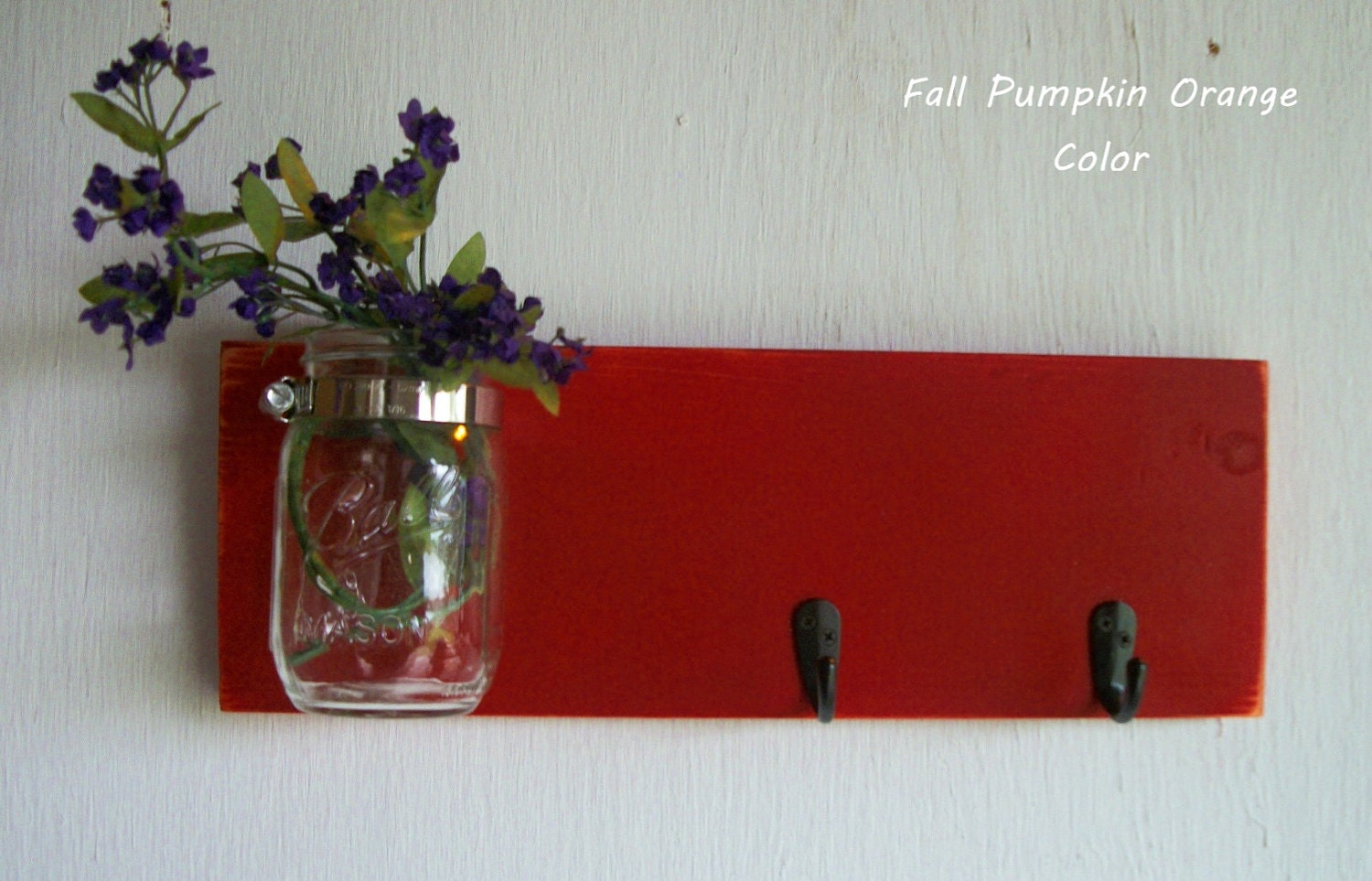 Wood Wall Shelf  Fall Pumpkin Orange Color with 2 Black Hooks Bathroom Kitchen Shabby Cottage Chic