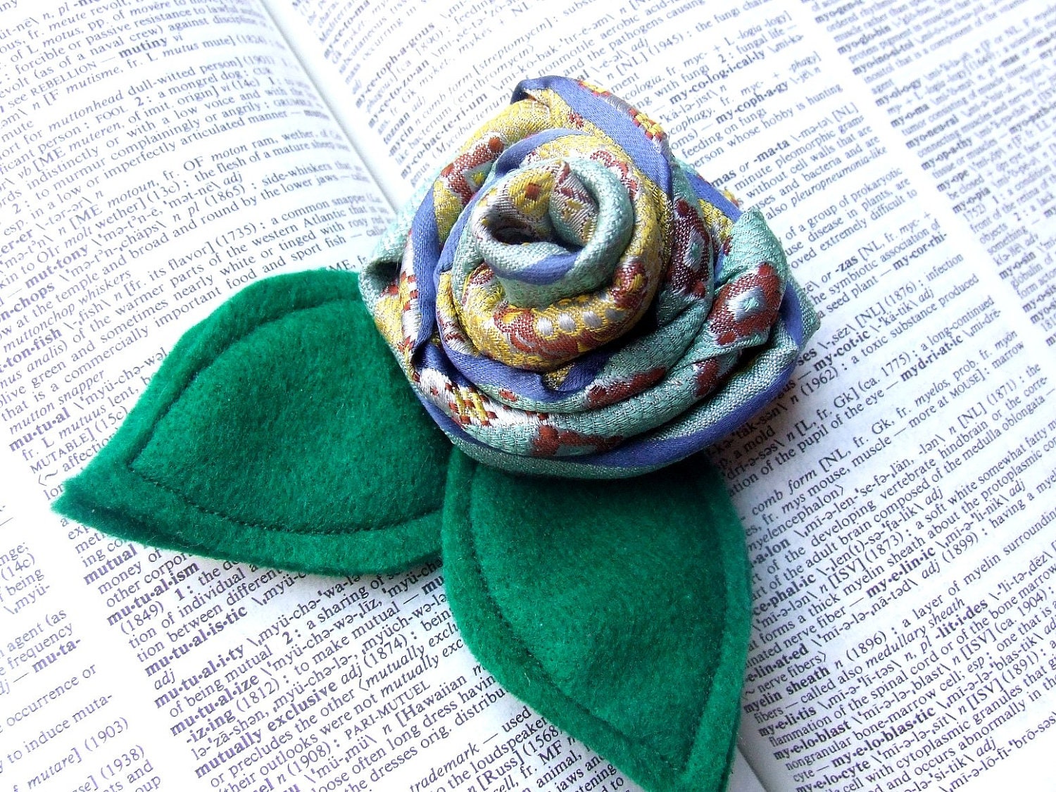 Rosette Flower Necktie Brooch Pin in Aqua, Electric Blue and Gold