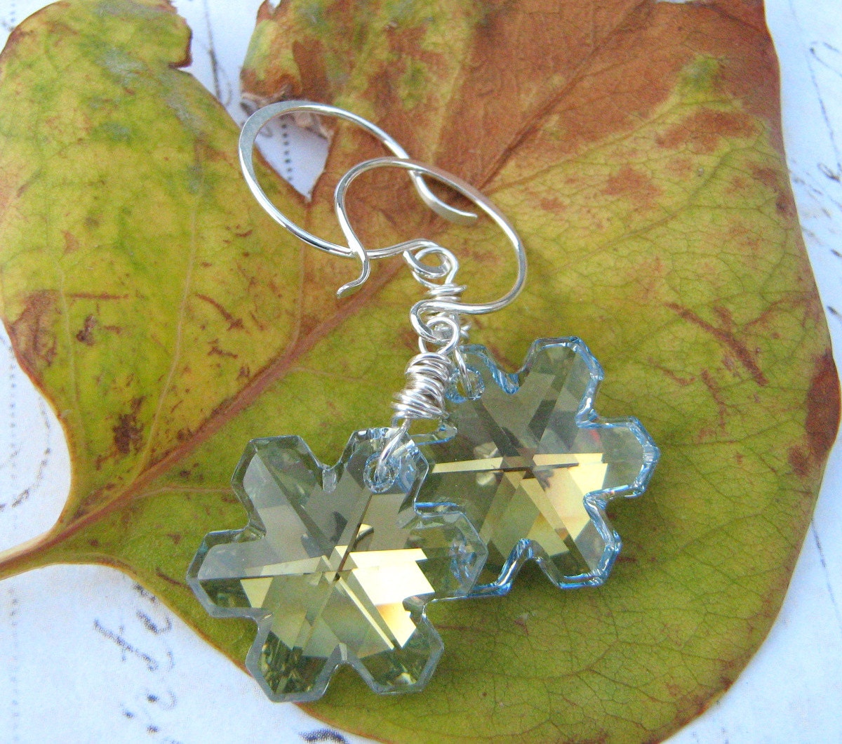 Snowflake Earrings, Sterling Silver Swarovski Crystal Snowflake Earrings, Wire Wrapped Earrings, Holiday Earrings, Winter Earrings