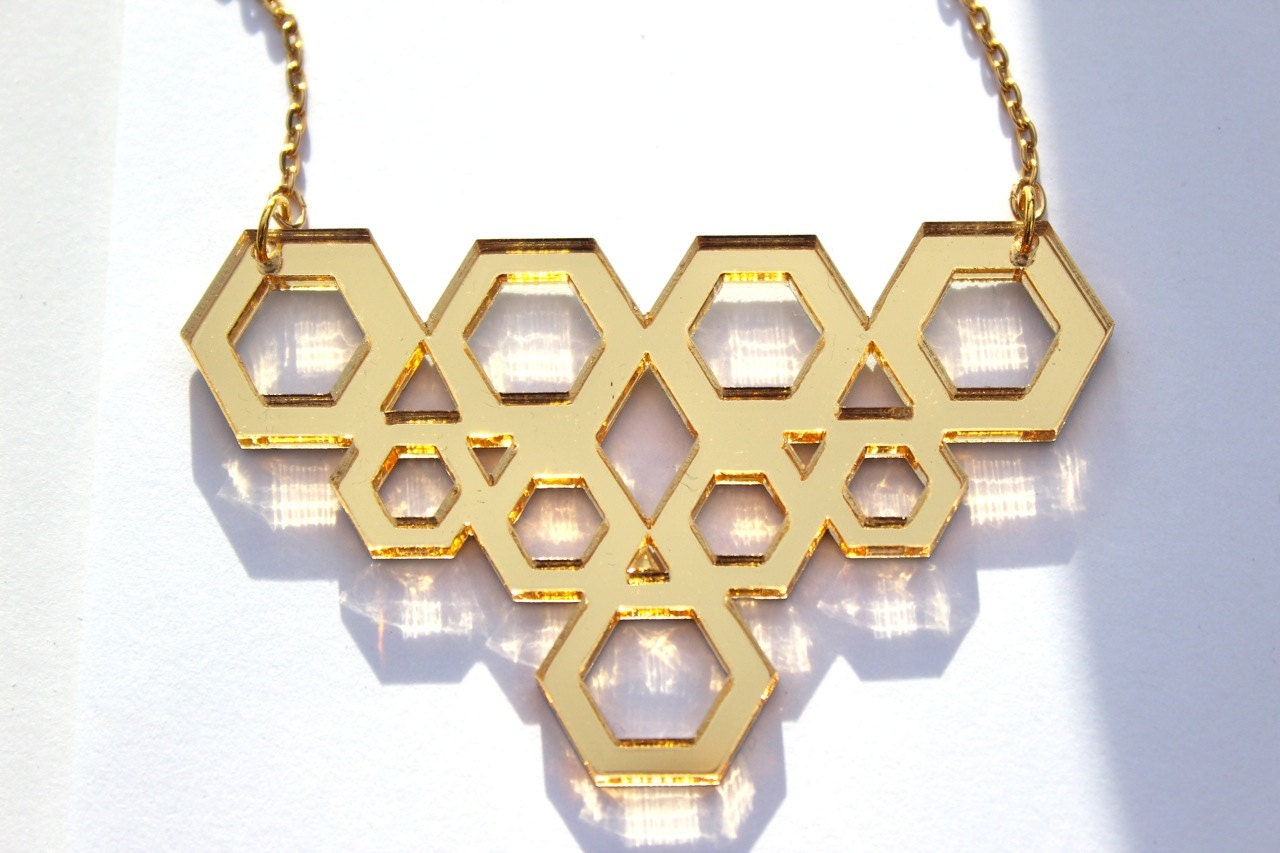 Geometric Nine Hexagon Gold Mirrored Acrylic Perspex Necklace Statement Piece 18ct Gold Plated Chain Modern Retro