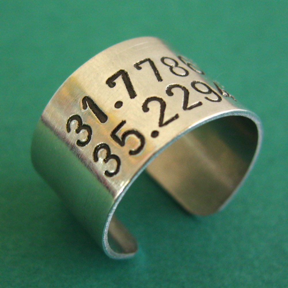 Personalized Latitude and Longitude Ring in Aluminum - Adjustable Ring Wide Band
