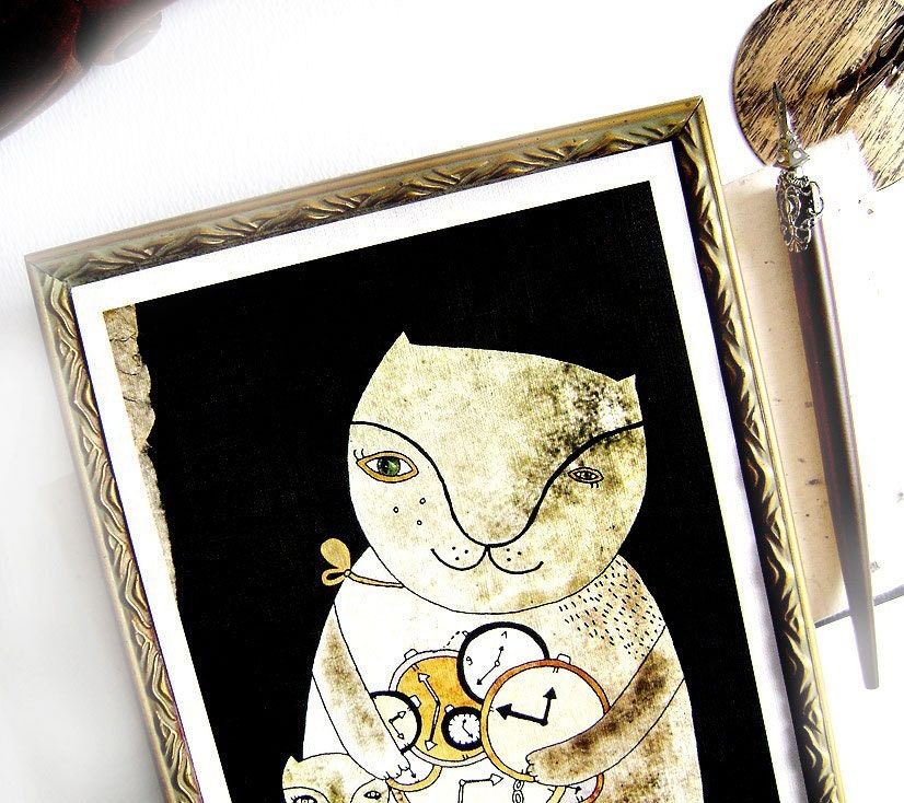 Whimsical Cat illustration print - Time. Black cat. Home decor.