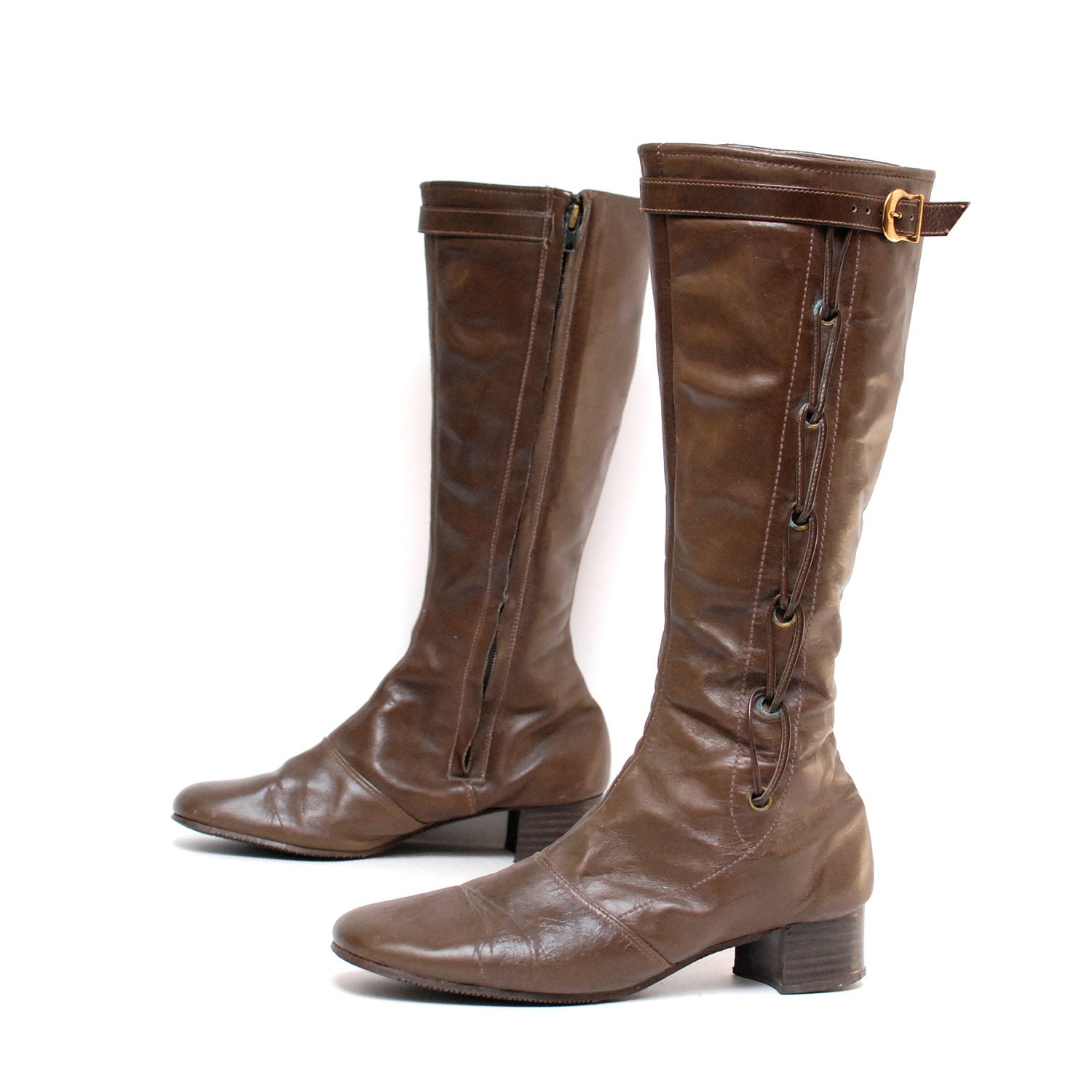 size 8 CORSET brown leather 60s 70s GO GO lace zip up knee high boots