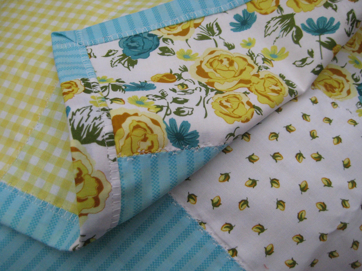lightweight quilt, picnic blanket, baby blankie, lap quilt, yellow, floral, blue