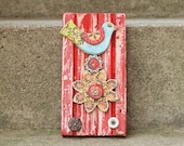Tweet Wall Art Key Organizer - Repurposed Architectural Trim with Clay Tile Bird, Flowers, Vintage Hardware - Eco-Friendly Whimsical