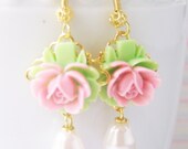 Feminine Rose Cabochon Earrings, Flower Earrings, Pink and Green Earrings, Gold Plate Earrings
