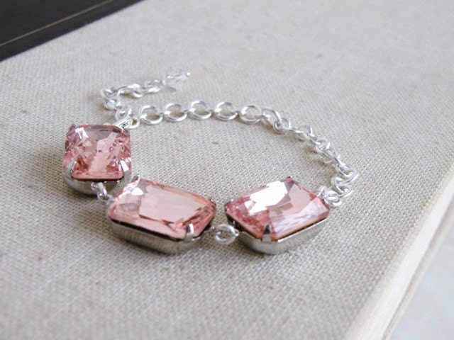 Bridal Bracelet Pastel Pink Foiled Octagon Stone Rhinestone Silver Bracelet Bella E31B Estate Style Wedding Jewelry