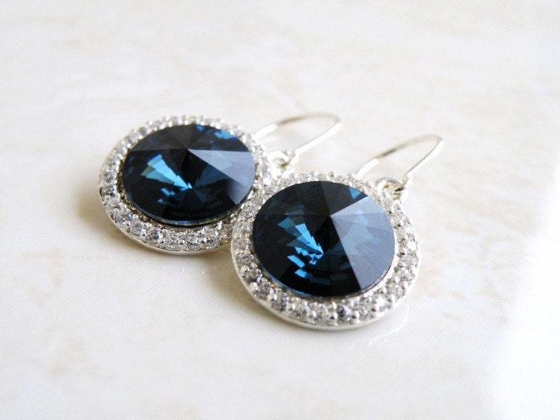 Sapphire Jewelry Wedding Jewelry Bridal Earrings Swarovski Crystal Montana Navy Blue Rivoli Silver CZ Halo Bella E16H-M Bridesmaid Jewelry