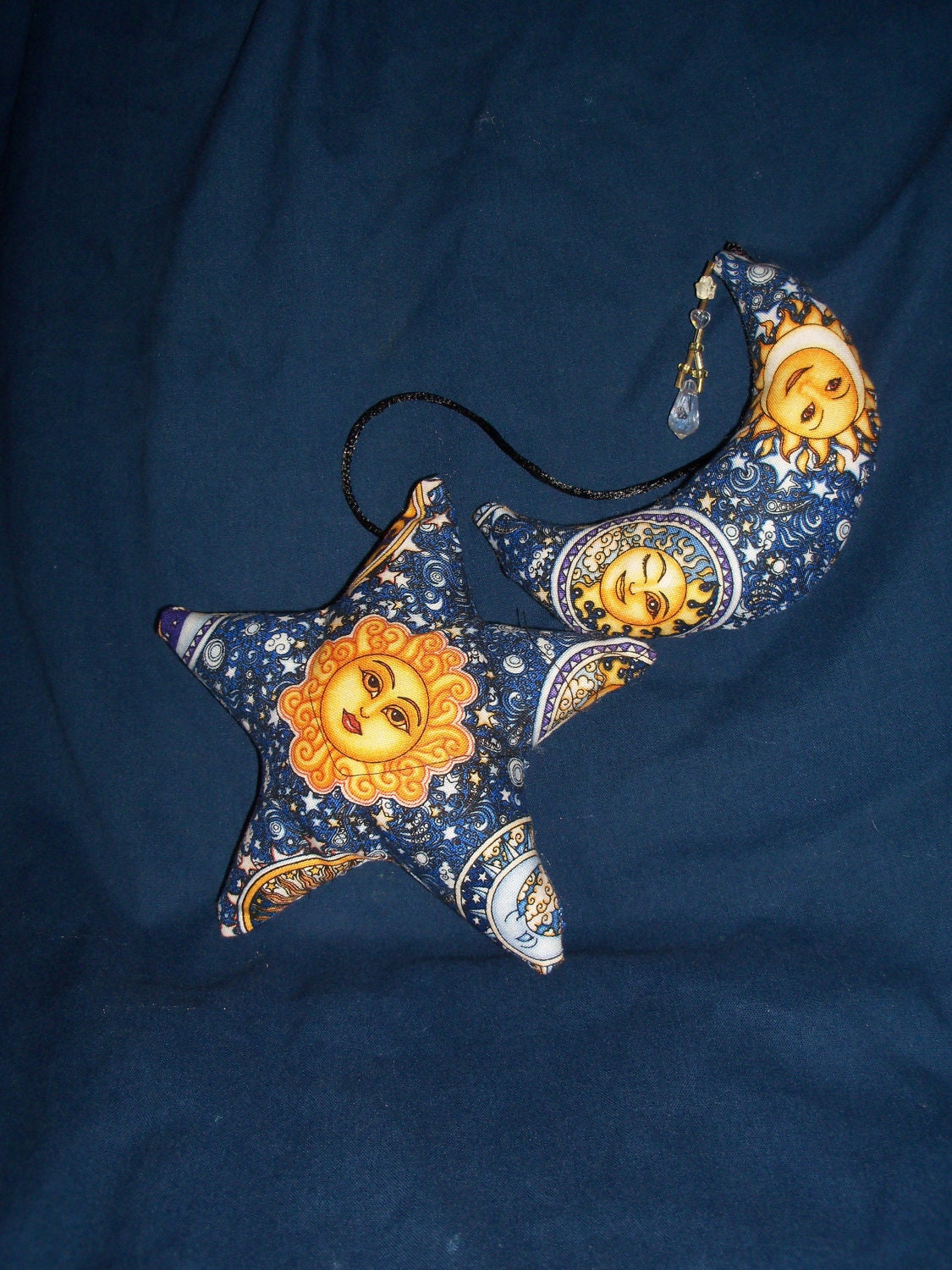 Celestial star and Crescent Moon Hanging for car, wall, window etc. Smiling Suns Moons Stars Gold - celestialcreationsmv