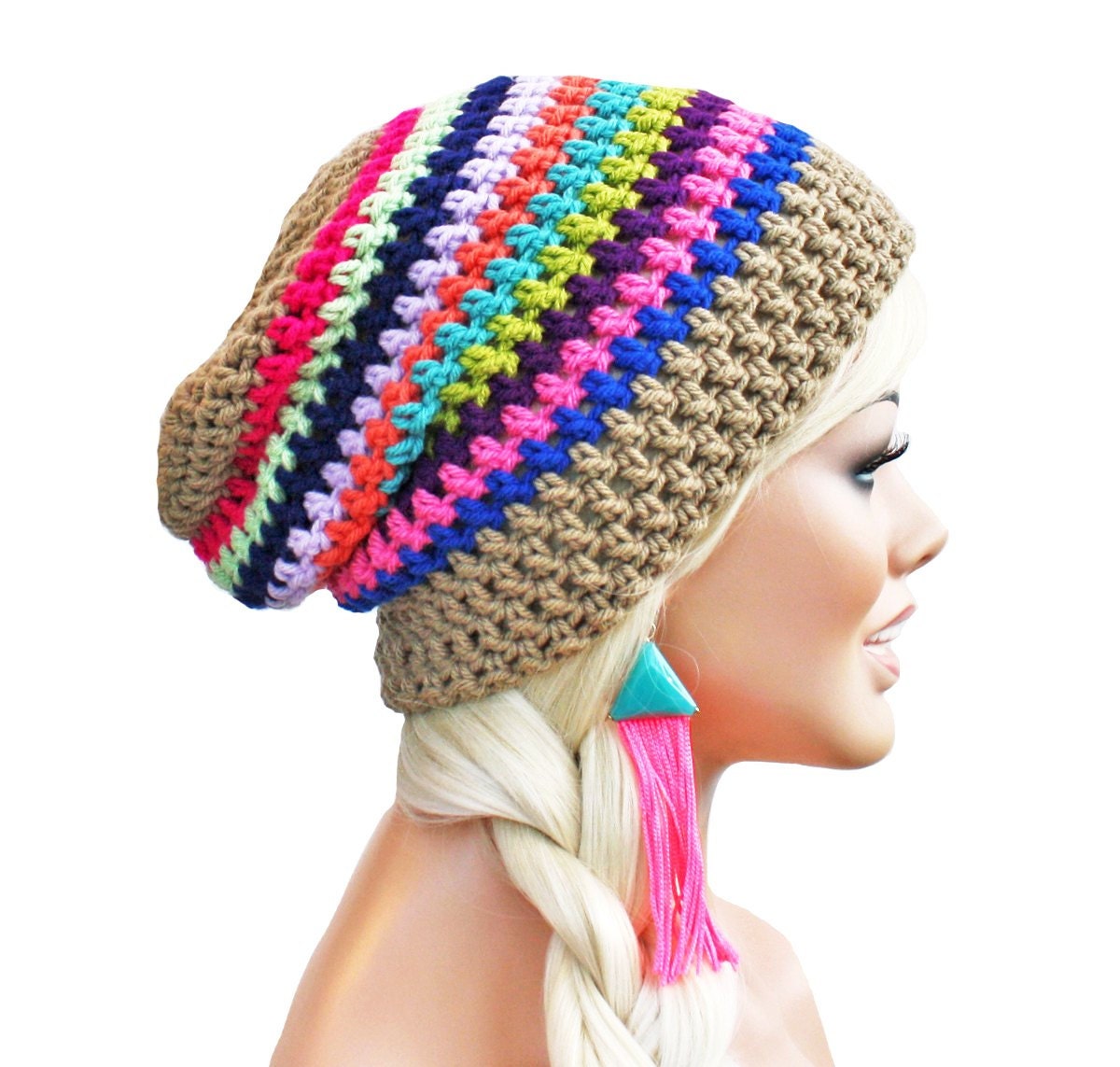 Crochet Slouch Eclectic Rainbow and Beige Beanie- Ultimate Slacker Striped Beanie Hat