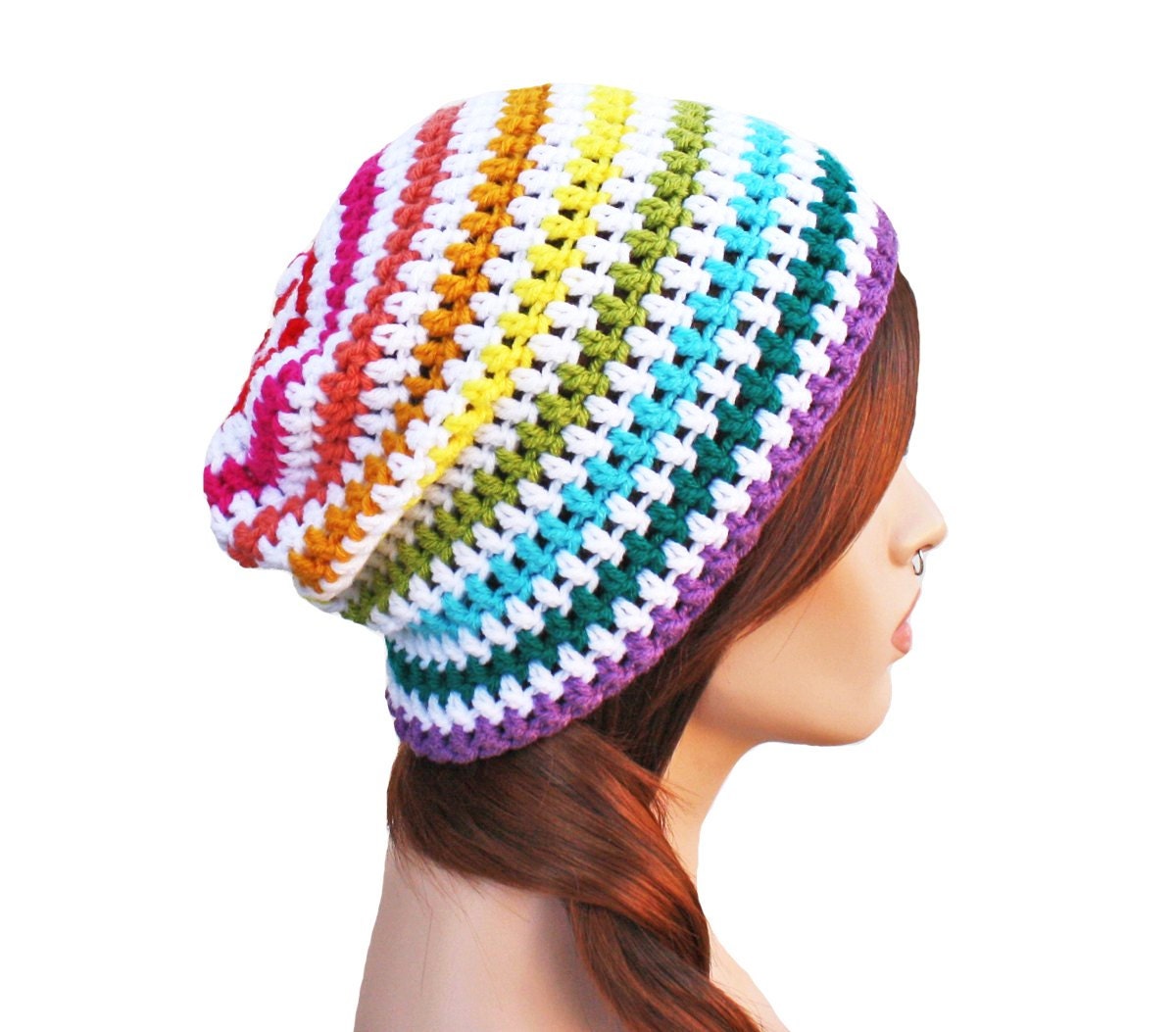Crochet Slouch Rainbow Beanie- Ultimate Slacker Striped Beanie Hat- Pride