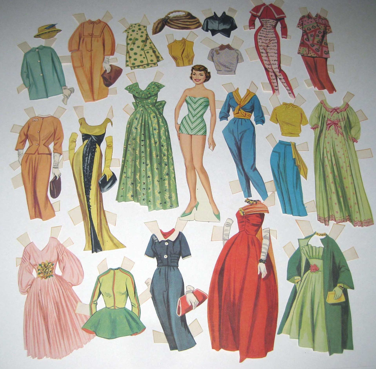 Vintage 1950s Paper Doll of Pretty Woman with Outfits Some with Glitter - grandmothersattic